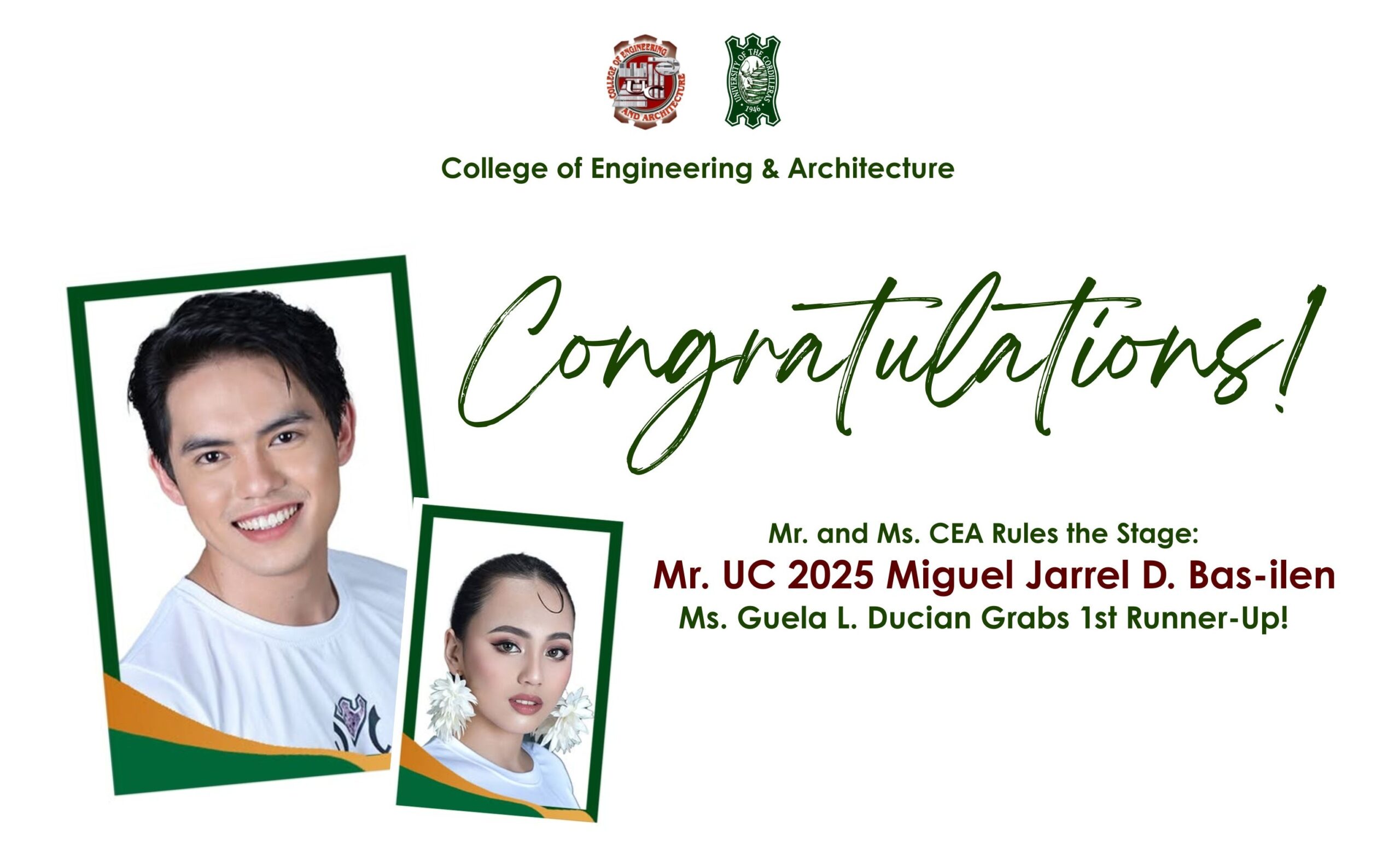 From Blueprints to Spotlights: Miguel Jarrel D. Bas-ilen Named Mr. UC 2025, Guela L. Ducian Grabs 1st Runner-Up!