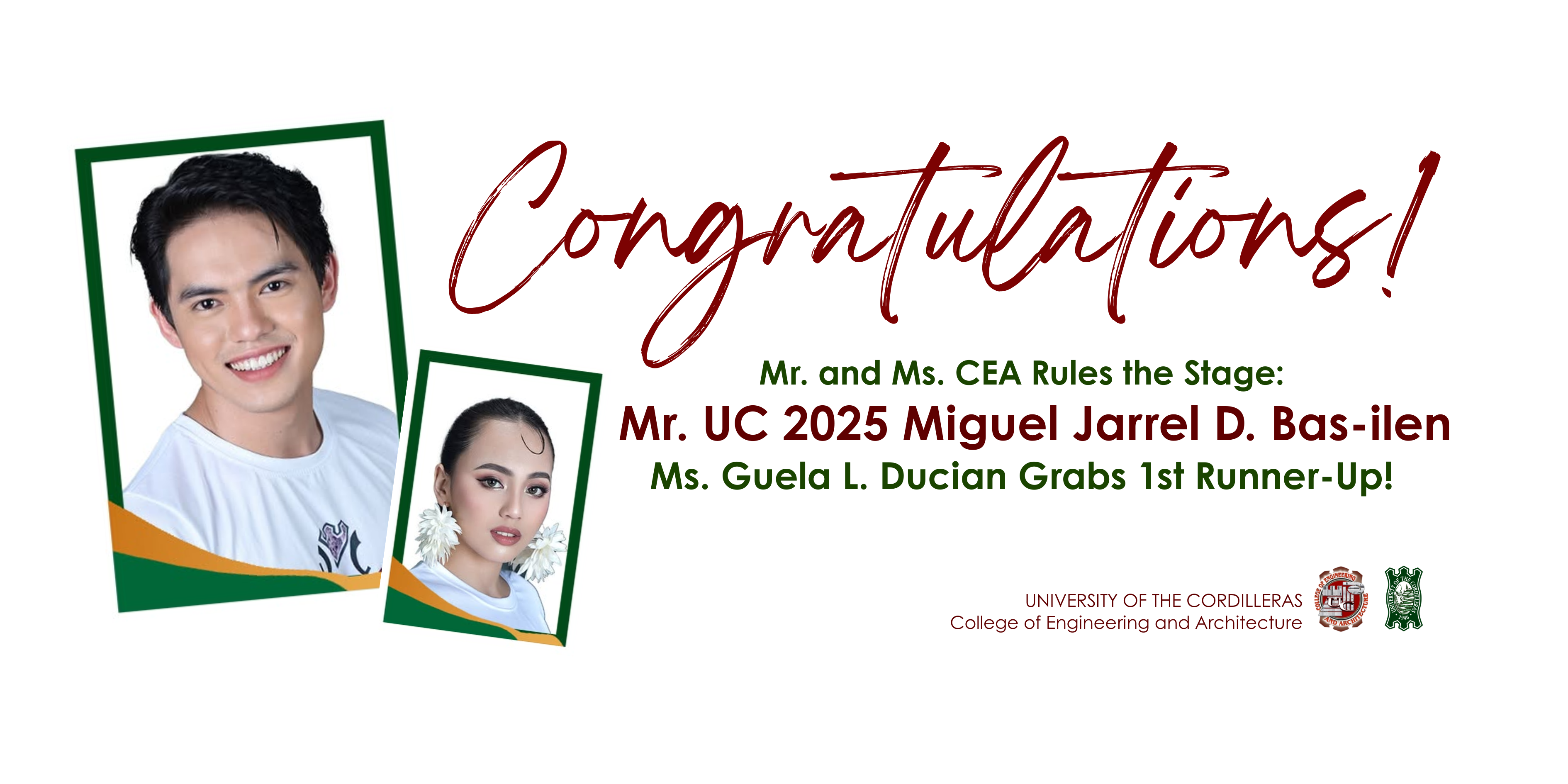 From Blueprints to Spotlights: Miguel Jarrel D. Bas-ilen Named Mr. UC 2025, Guela L. Ducian Grabs 1st Runner-Up!